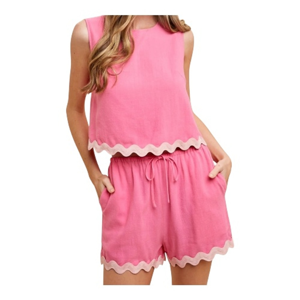 ANNIEWEAR NWT Pink Scalloped Crop Top & Shorts Lounge Set Size L